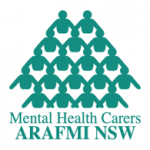 Logo of mental health carers arafmi nsw featuring a triangle of stylized human figures in green.