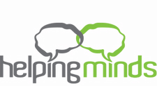 Logo of "helping minds" featuring stylized speech bubbles and brain motifs.