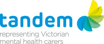 Logo of tandem, representing victorian mental health carers, featuring a multicolored butterfly beside the word 'tandem'.